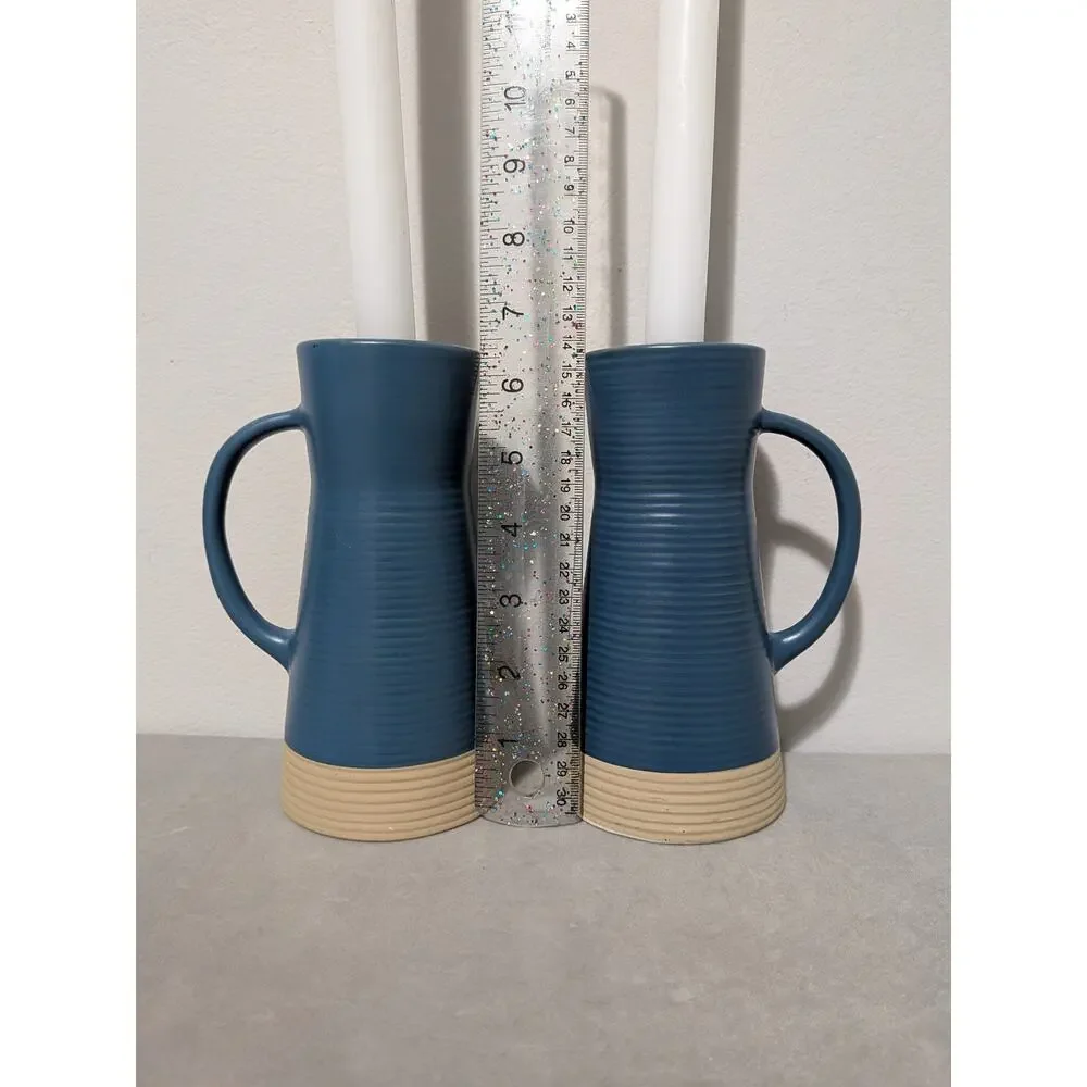 Crate & Barrel Sibely Ceramic Taper Holders Mid Century Modern Farmhouse Blue